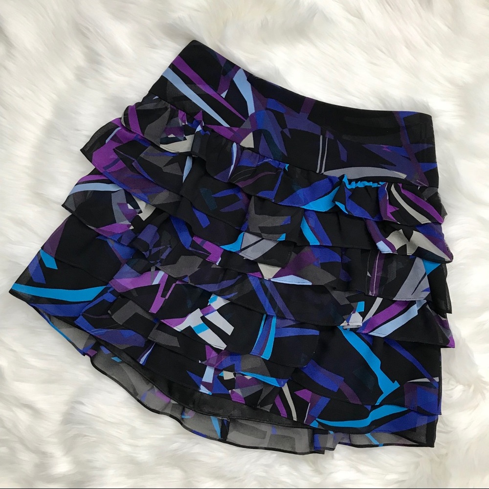 Express party black blue purple mini ruffle skirt